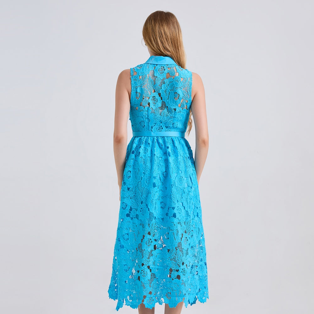 CM-DY043123 Women Elegant European Style Shirt Collar Sleeveless High Waist Slim Dress - Blue