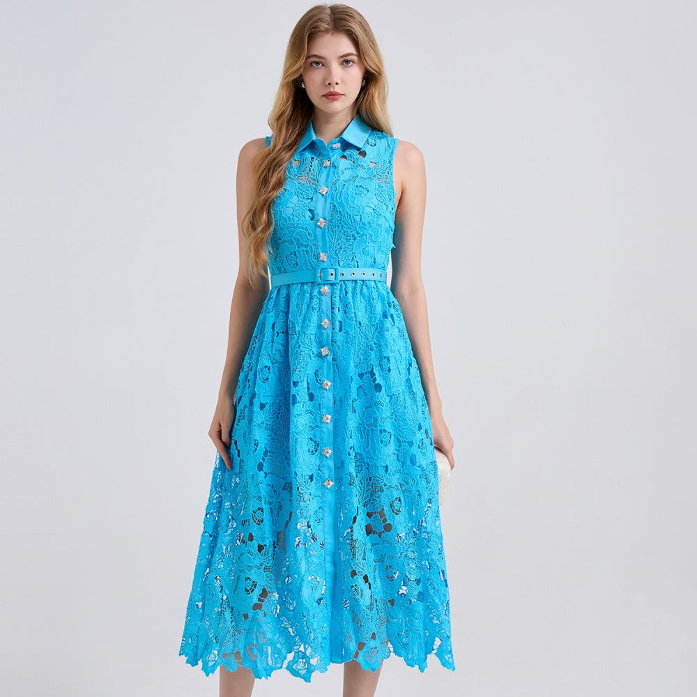 CM-DY043123 Women Elegant European Style Shirt Collar Sleeveless High Waist Slim Dress - Blue