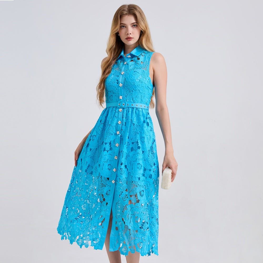 CM-DY043123 Women Elegant European Style Shirt Collar Sleeveless High Waist Slim Dress - Blue
