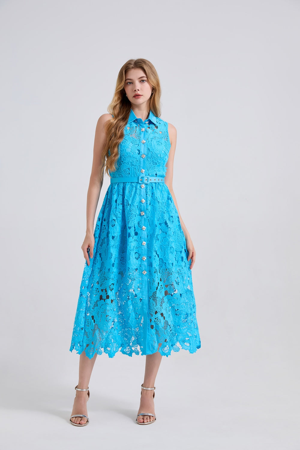 CM-DY043123 Women Elegant European Style Shirt Collar Sleeveless High Waist Slim Dress - Blue