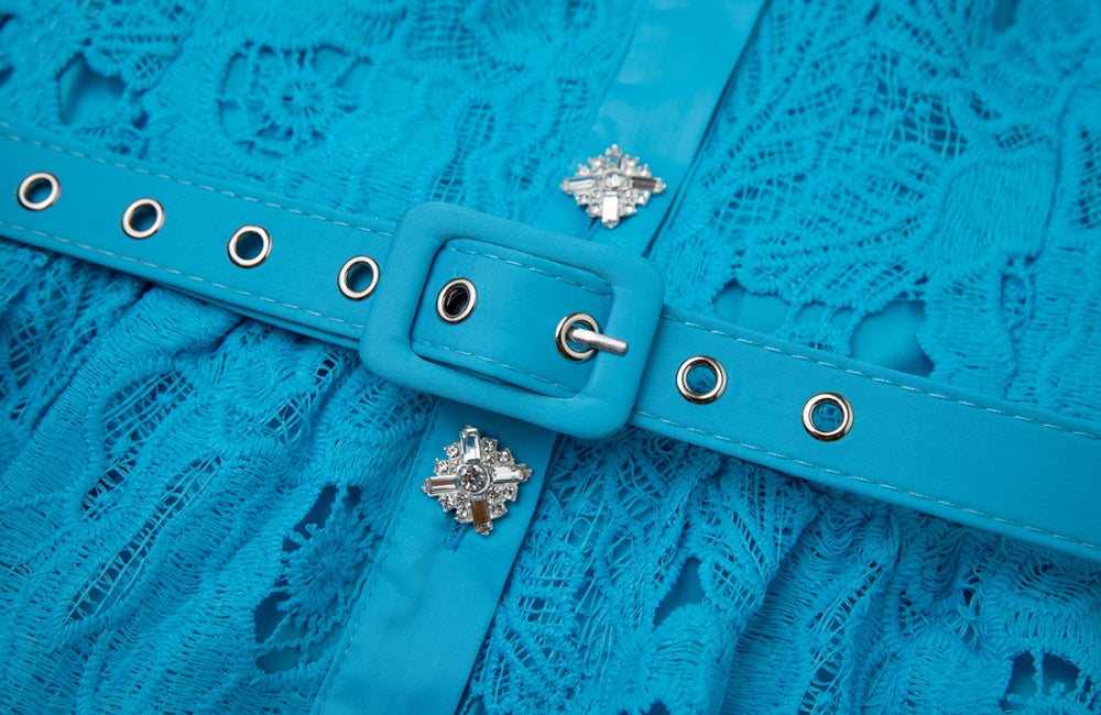 CM-DY043123 Women Elegant European Style Shirt Collar Sleeveless High Waist Slim Dress - Blue