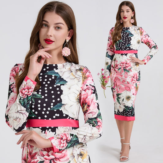 CM-DY043124 Women Elegant European Style Round Neck Long Sleeve Polka Dot Print Midi Dress