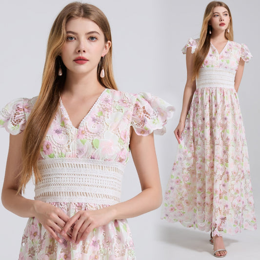 CM-DY043125 Women Elegant European Style Lace V-Neck Cap Sleeve High Waist Dress - Pink
