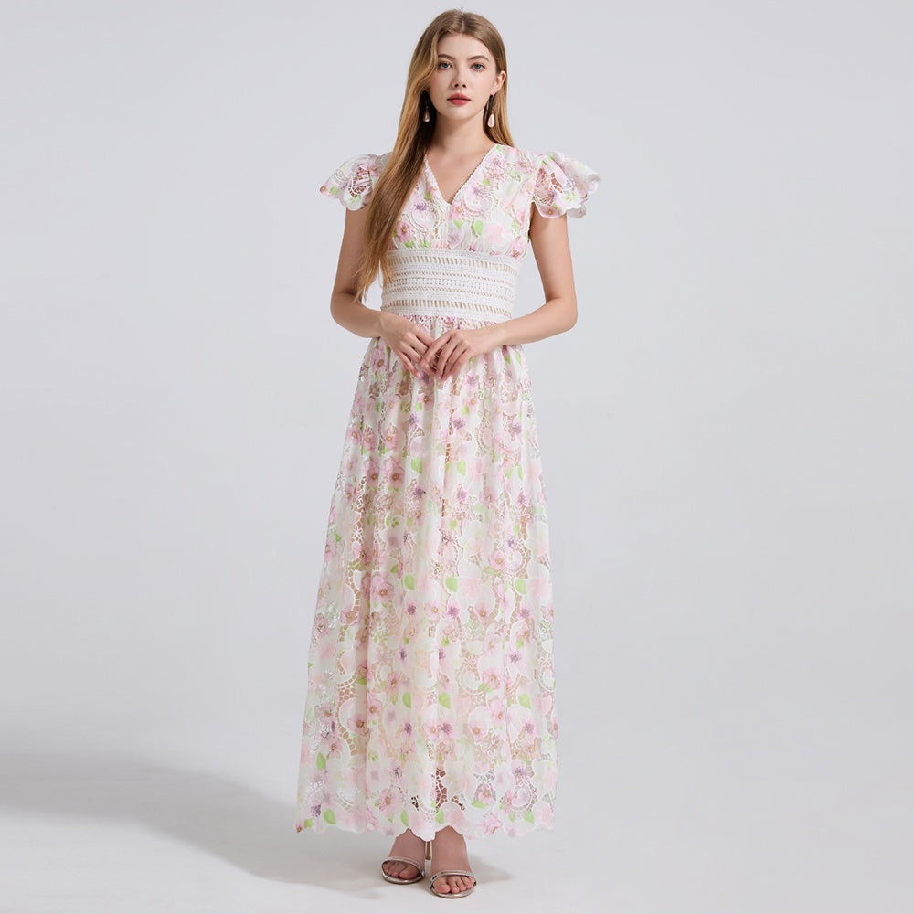 CM-DY043125 Women Elegant European Style Lace V-Neck Cap Sleeve High Waist Dress - Pink