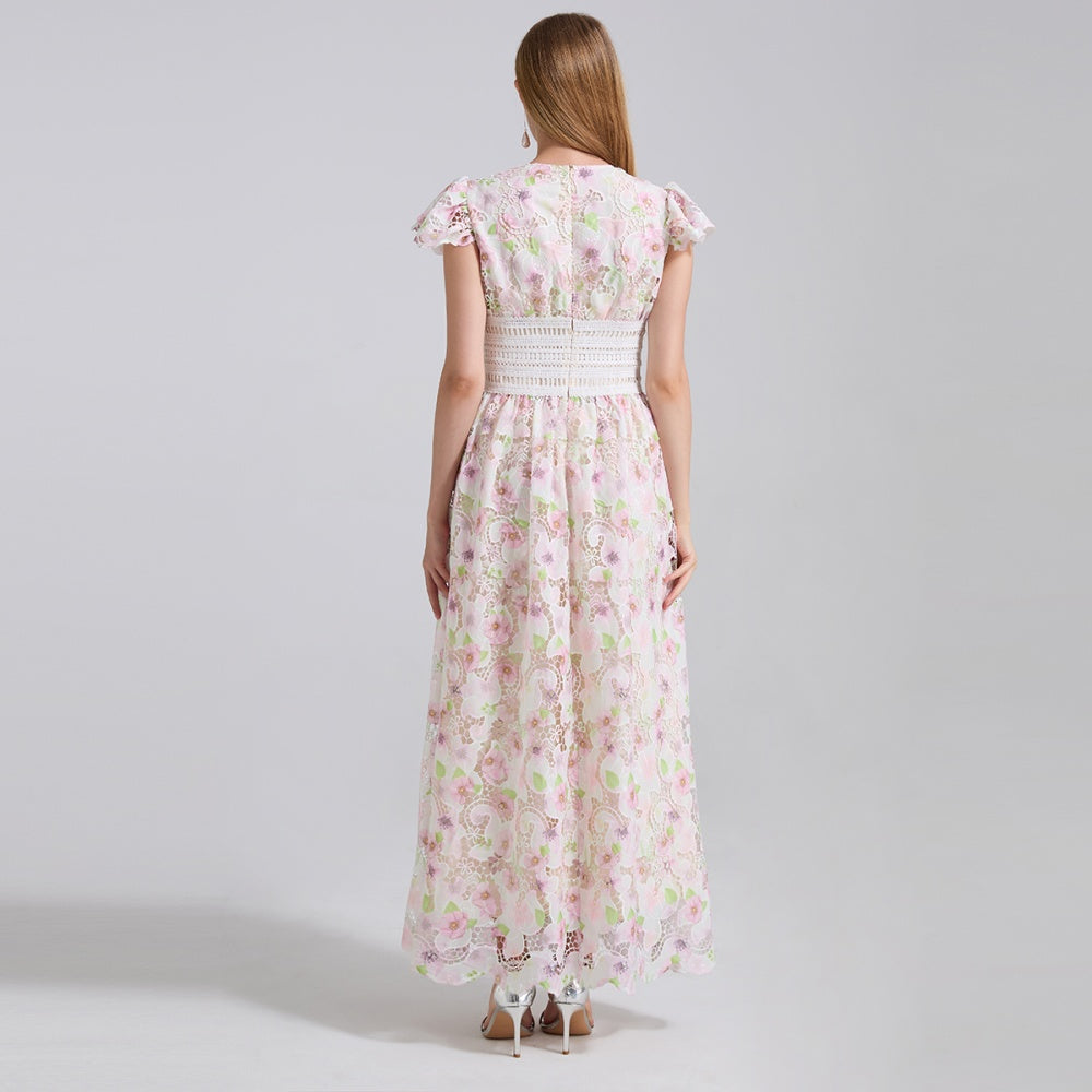 CM-DY043125 Women Elegant European Style Lace V-Neck Cap Sleeve High Waist Dress - Pink