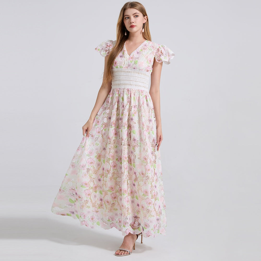 CM-DY043125 Women Elegant European Style Lace V-Neck Cap Sleeve High Waist Dress - Pink