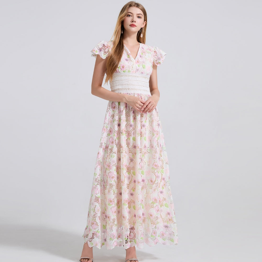CM-DY043125 Women Elegant European Style Lace V-Neck Cap Sleeve High Waist Dress - Pink