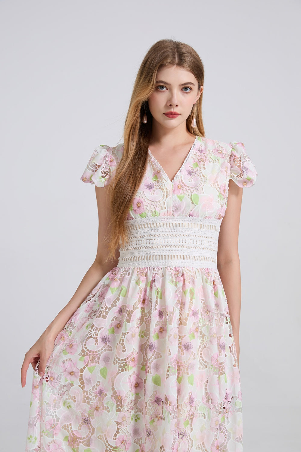 CM-DY043125 Women Elegant European Style Lace V-Neck Cap Sleeve High Waist Dress - Pink