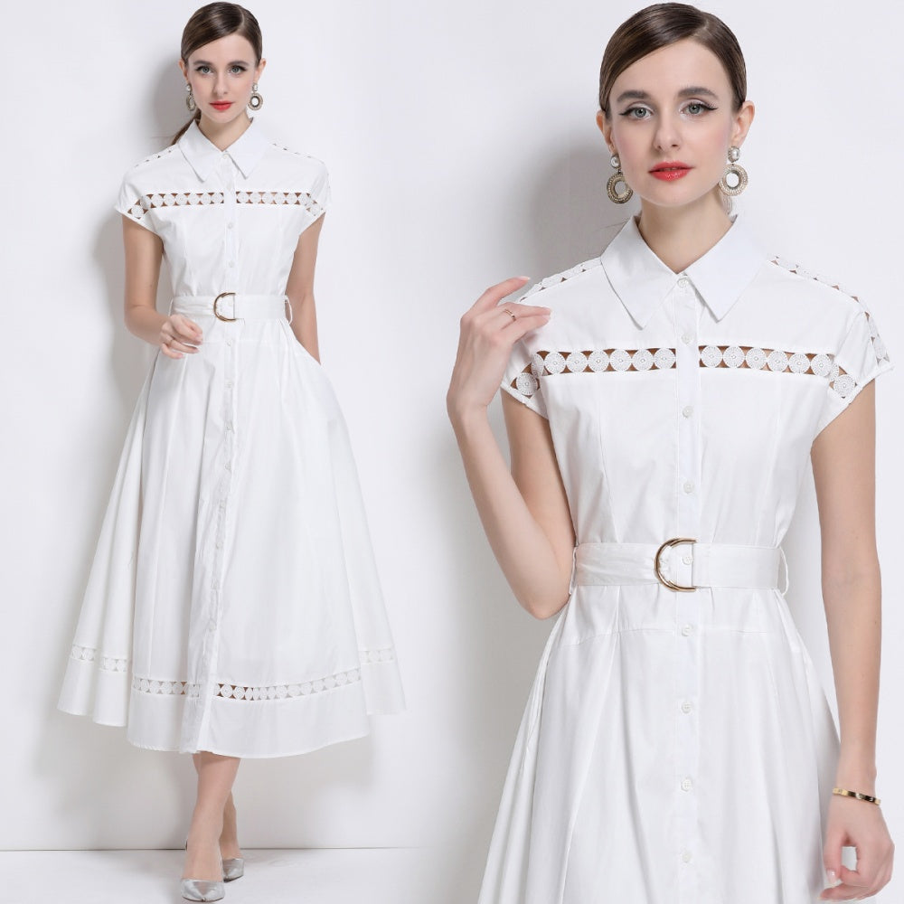 CM-DY043268  Women Elegant European Style Collar Neckline Sleeveless Belted Long Dress - White