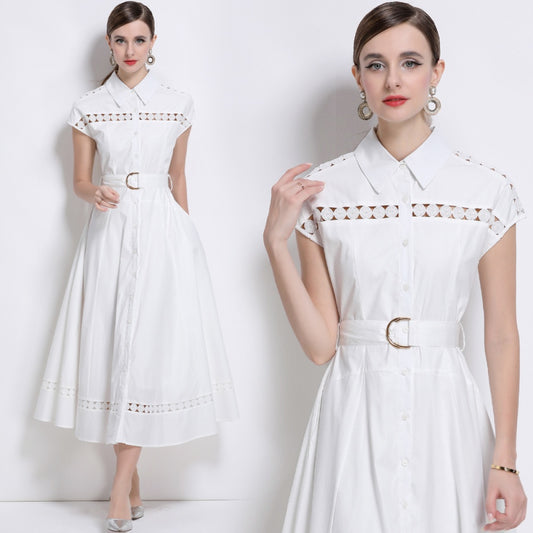 CM-DY043268 Women Elegant European Style Collar Neckline Sleeveless Belted Long Dress - White