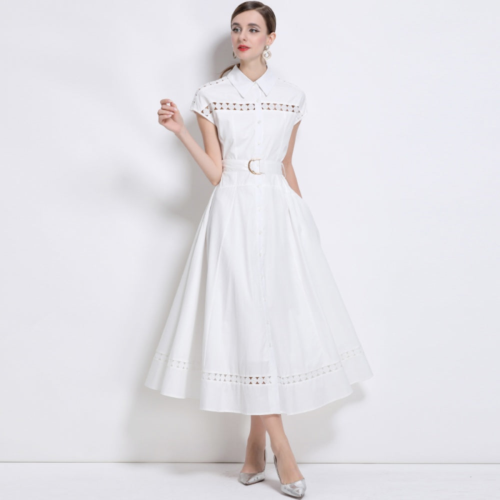 CM-DY043268  Women Elegant European Style Collar Neckline Sleeveless Belted Long Dress - White