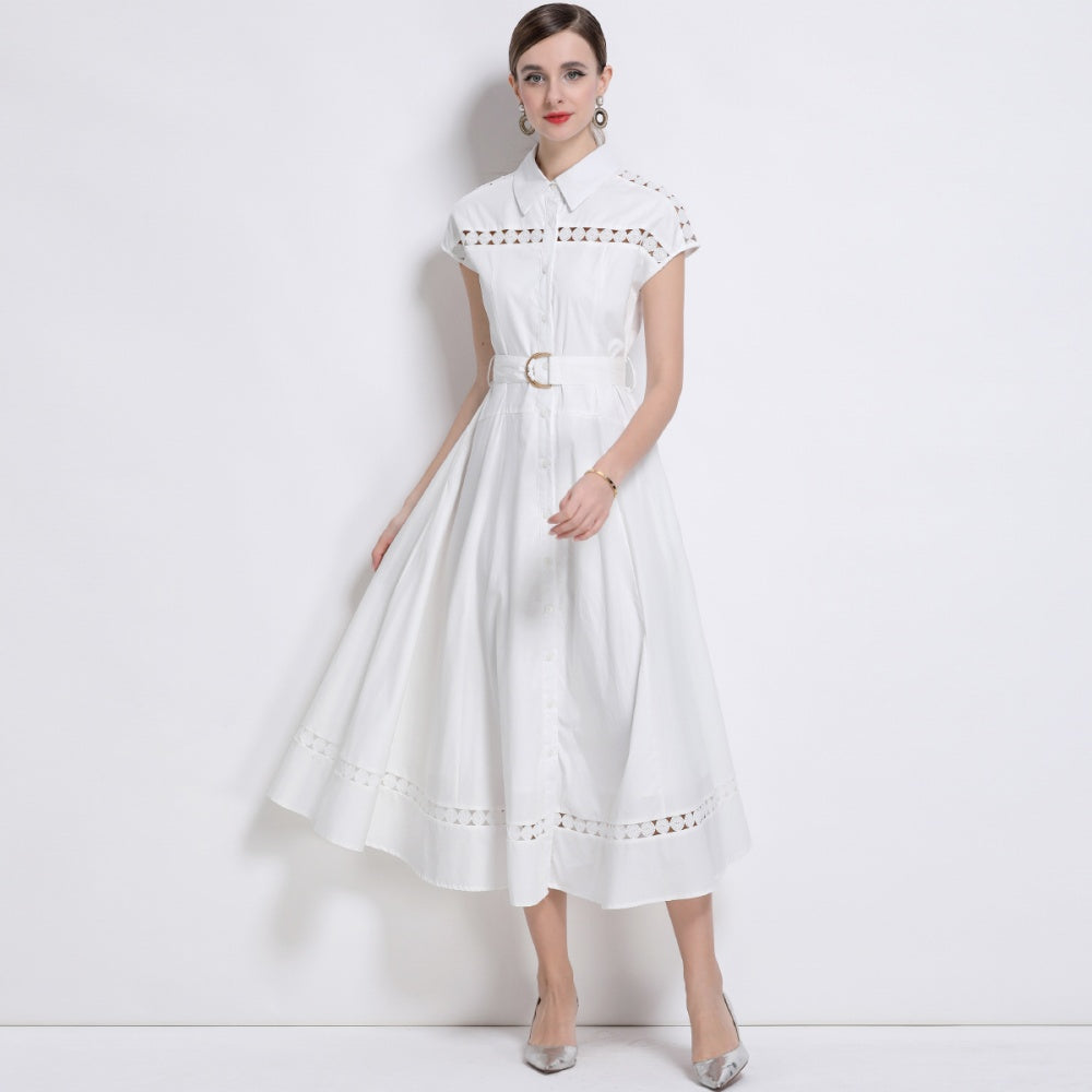 CM-DY043268  Women Elegant European Style Collar Neckline Sleeveless Belted Long Dress - White