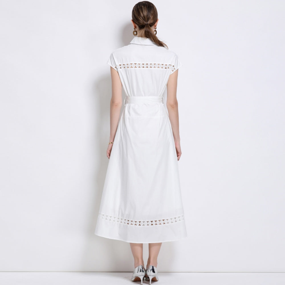 CM-DY043268  Women Elegant European Style Collar Neckline Sleeveless Belted Long Dress - White