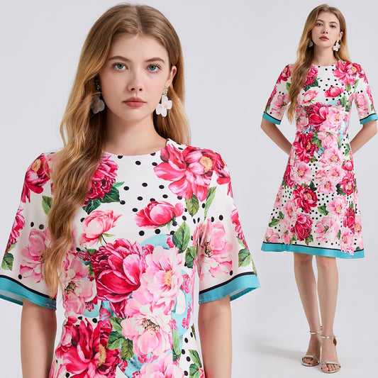 CM-DY043277 Women Elegant European Style Round Neck Short Sleeve Floral Print High Waist Slim Dress