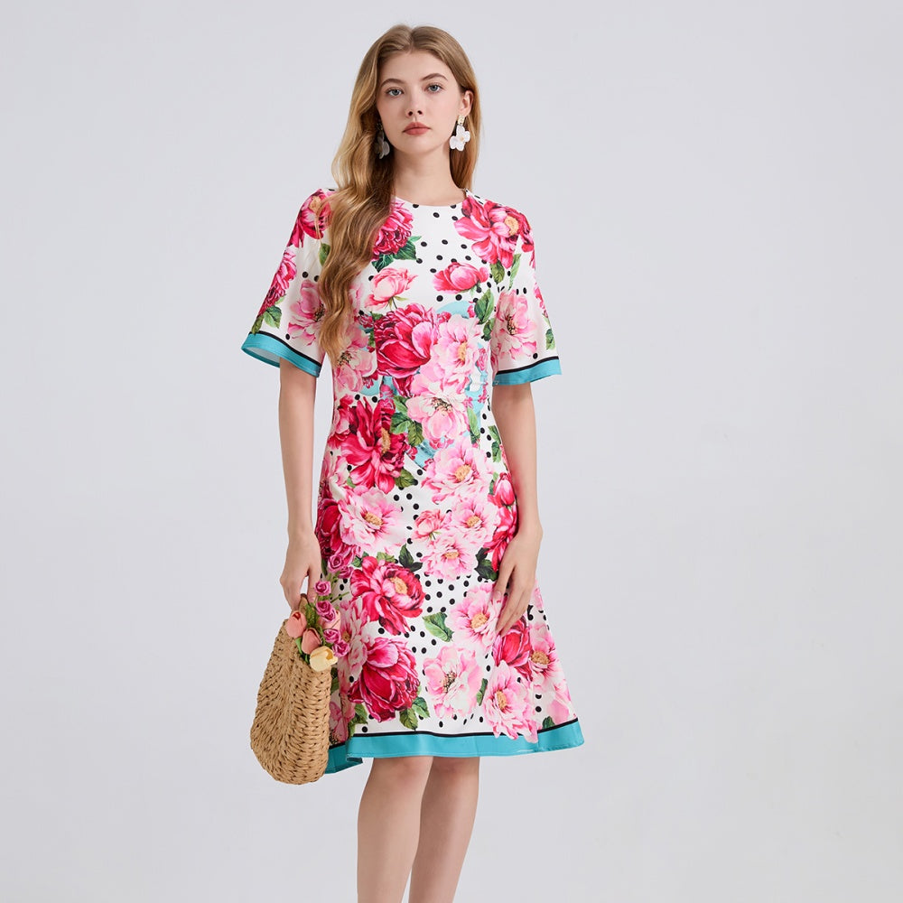CM-DY043277 Women Elegant European Style Round Neck Short Sleeve Floral Print High Waist Slim Dress