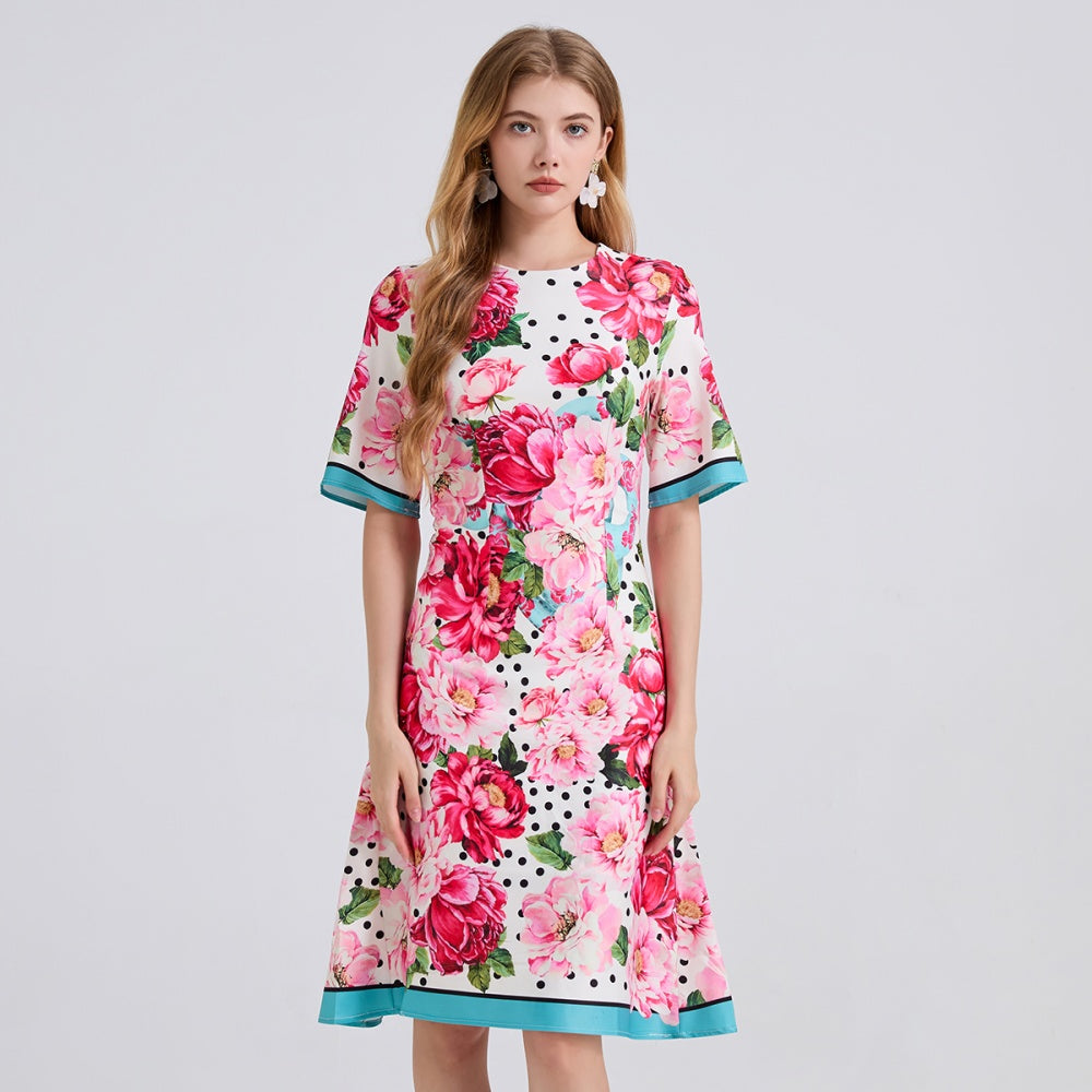 CM-DY043277 Women Elegant European Style Round Neck Short Sleeve Floral Print High Waist Slim Dress