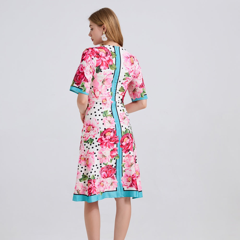 CM-DY043277 Women Elegant European Style Round Neck Short Sleeve Floral Print High Waist Slim Dress