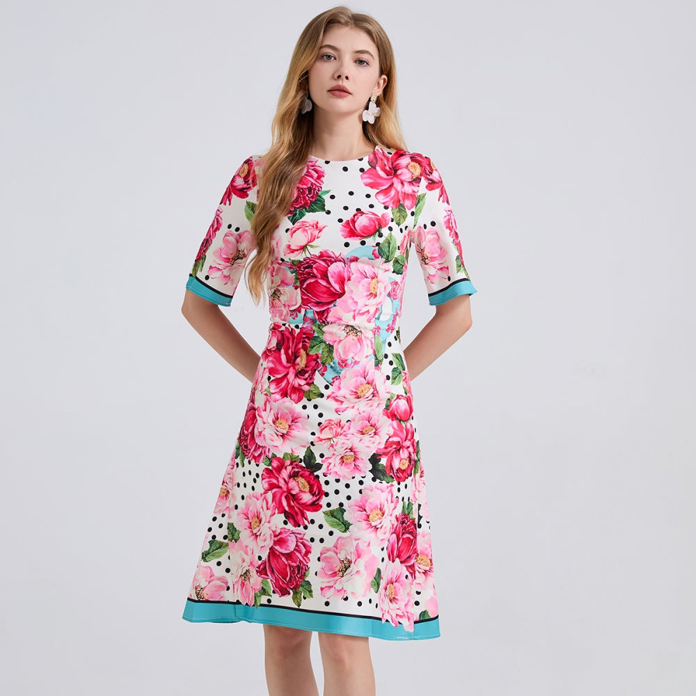 CM-DY043277 Women Elegant European Style Round Neck Short Sleeve Floral Print High Waist Slim Dress
