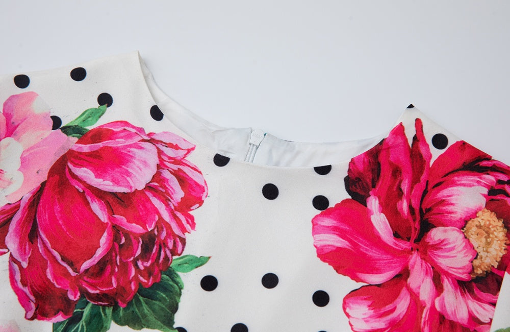 CM-DY043277 Women Elegant European Style Round Neck Short Sleeve Floral Print High Waist Slim Dress