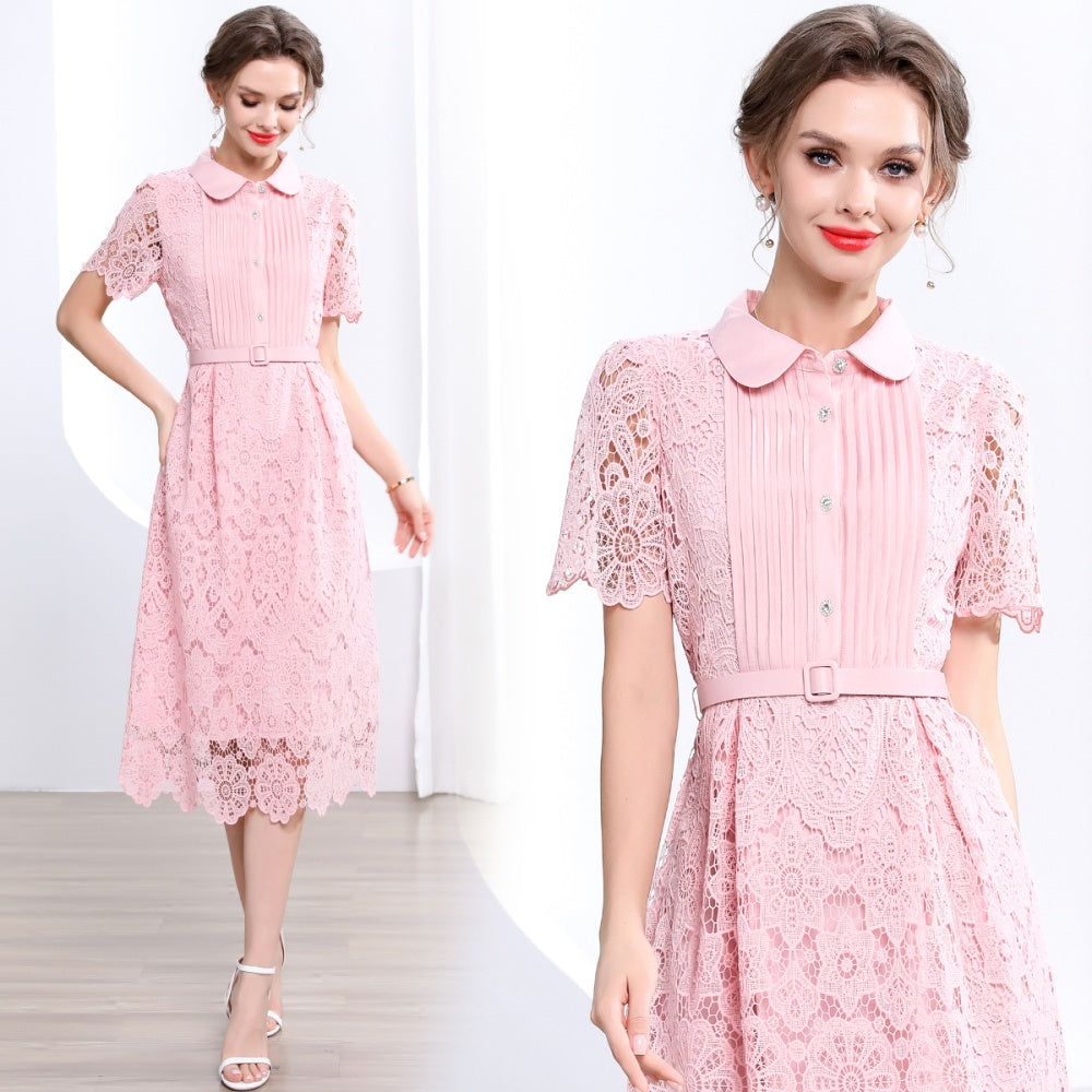 CM-DY043577 Women Elegant European Style Collar Neckline Short Sleeve Slim A-Line Long Dress - Pink