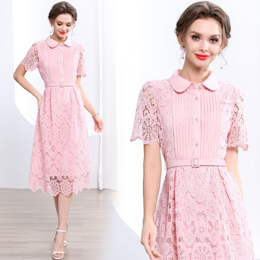 CM-DY043577 Women Elegant European Style Collar Neckline Short Sleeve Slim A-Line Long Dress - Pink