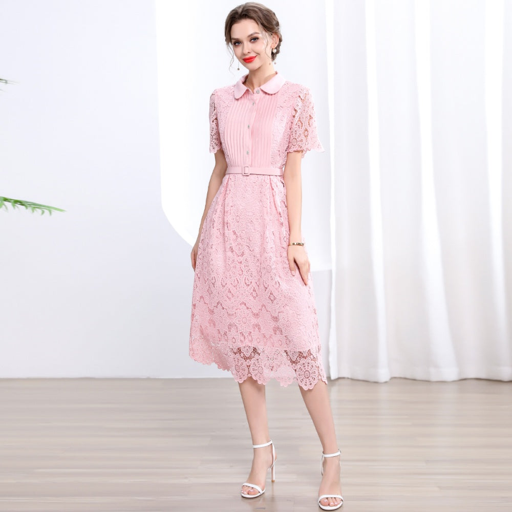 CM-DY043577 Women Elegant European Style Collar Neckline Short Sleeve Slim A-Line Long Dress - Pink