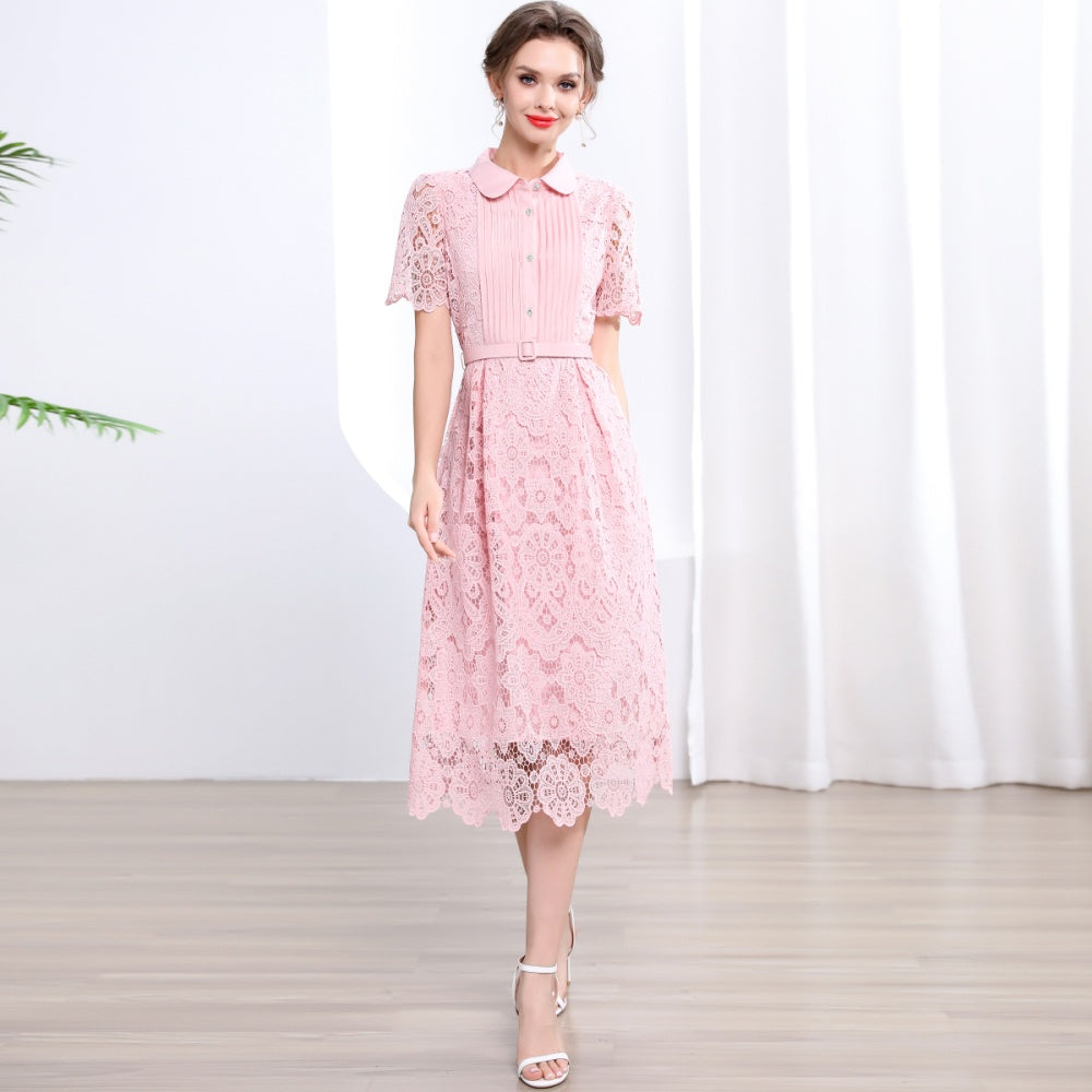 CM-DY043577 Women Elegant European Style Collar Neckline Short Sleeve Slim A-Line Long Dress - Pink