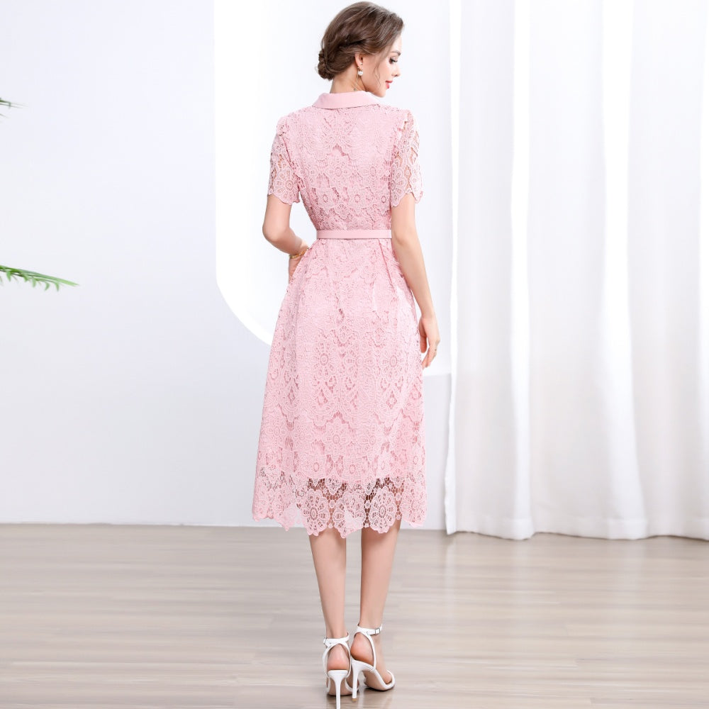 CM-DY043577 Women Elegant European Style Collar Neckline Short Sleeve Slim A-Line Long Dress - Pink