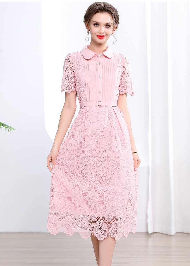 CM-DY043577 Women Elegant European Style Collar Neckline Short Sleeve Slim A-Line Long Dress - Pink