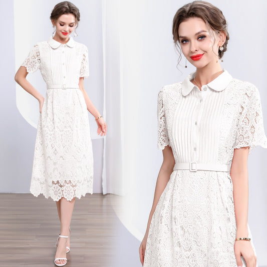 CM-DY043578 Women Elegant European Style Collar Neckline Short Sleeve Slim A-Line Long Dress - White