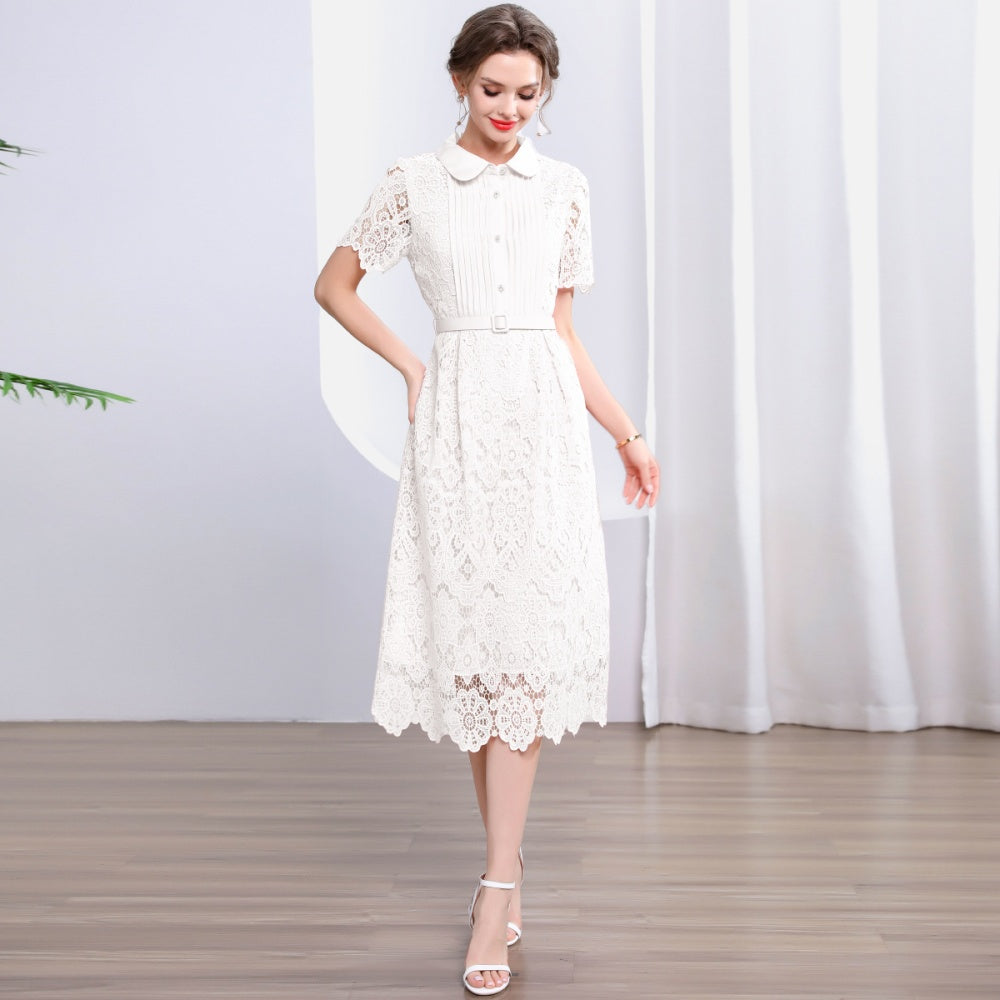 CM-DY043578 Women Elegant European Style Collar Neckline Short Sleeve Slim A-Line Long Dress - White