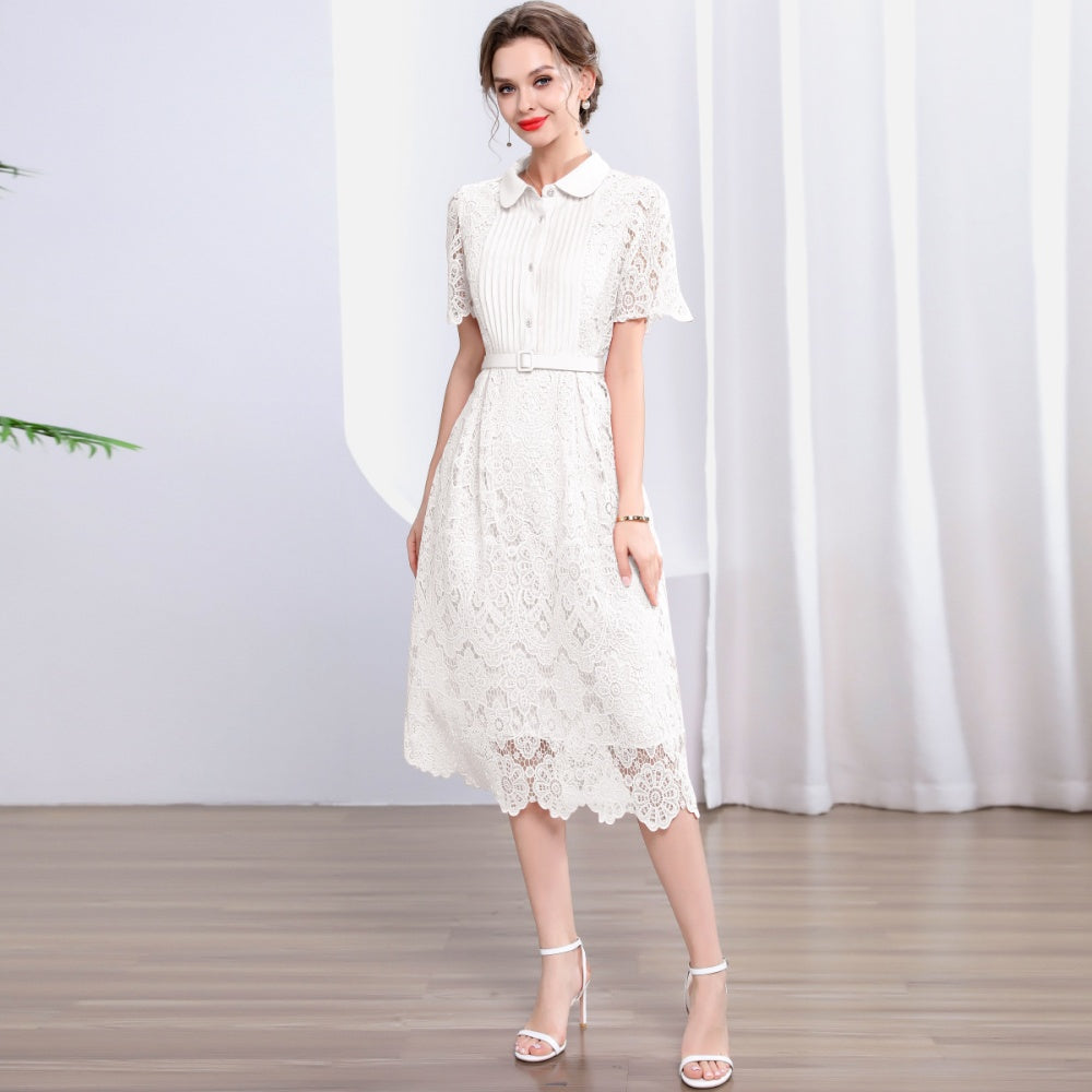 CM-DY043578 Women Elegant European Style Collar Neckline Short Sleeve Slim A-Line Long Dress - White