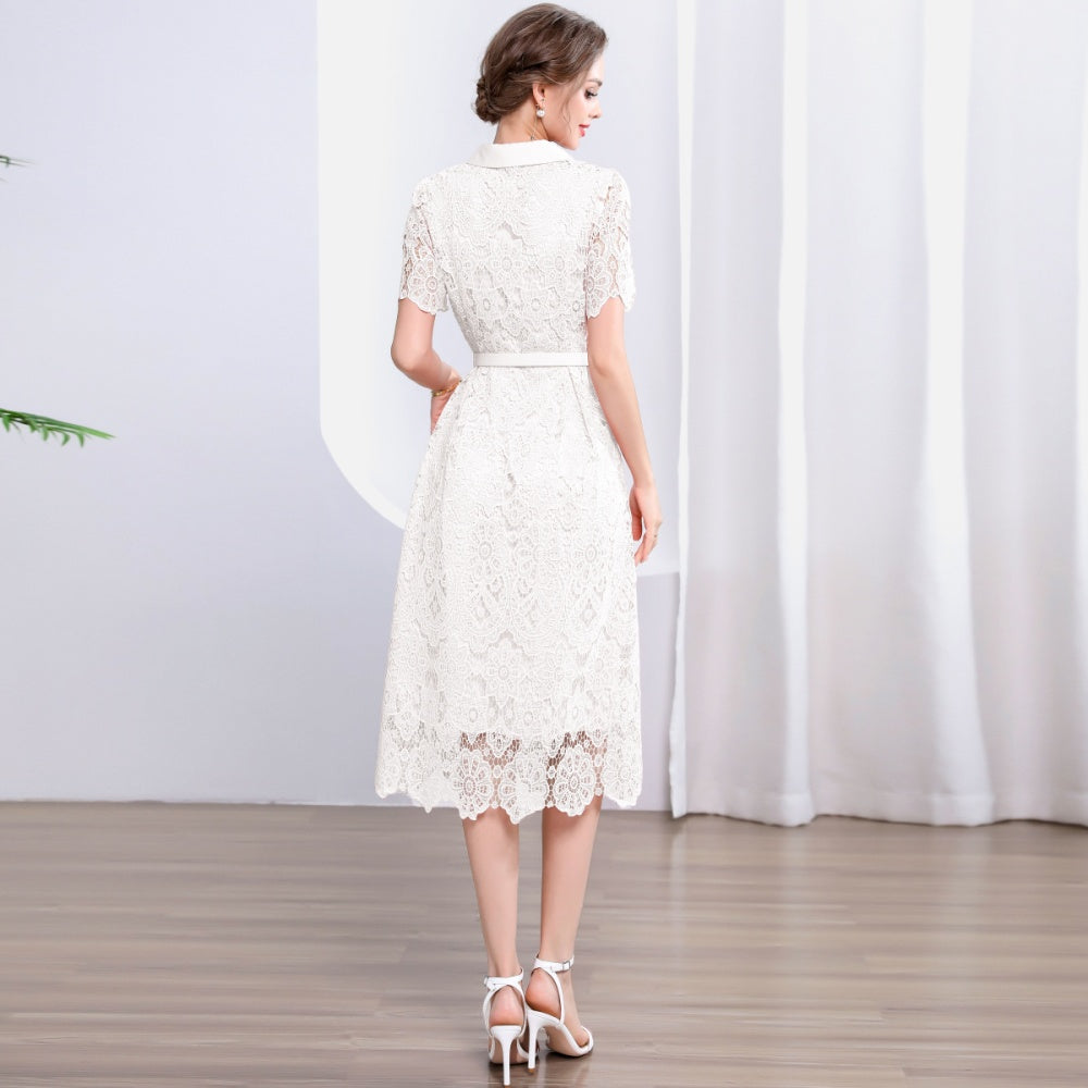 CM-DY043578 Women Elegant European Style Collar Neckline Short Sleeve Slim A-Line Long Dress - White