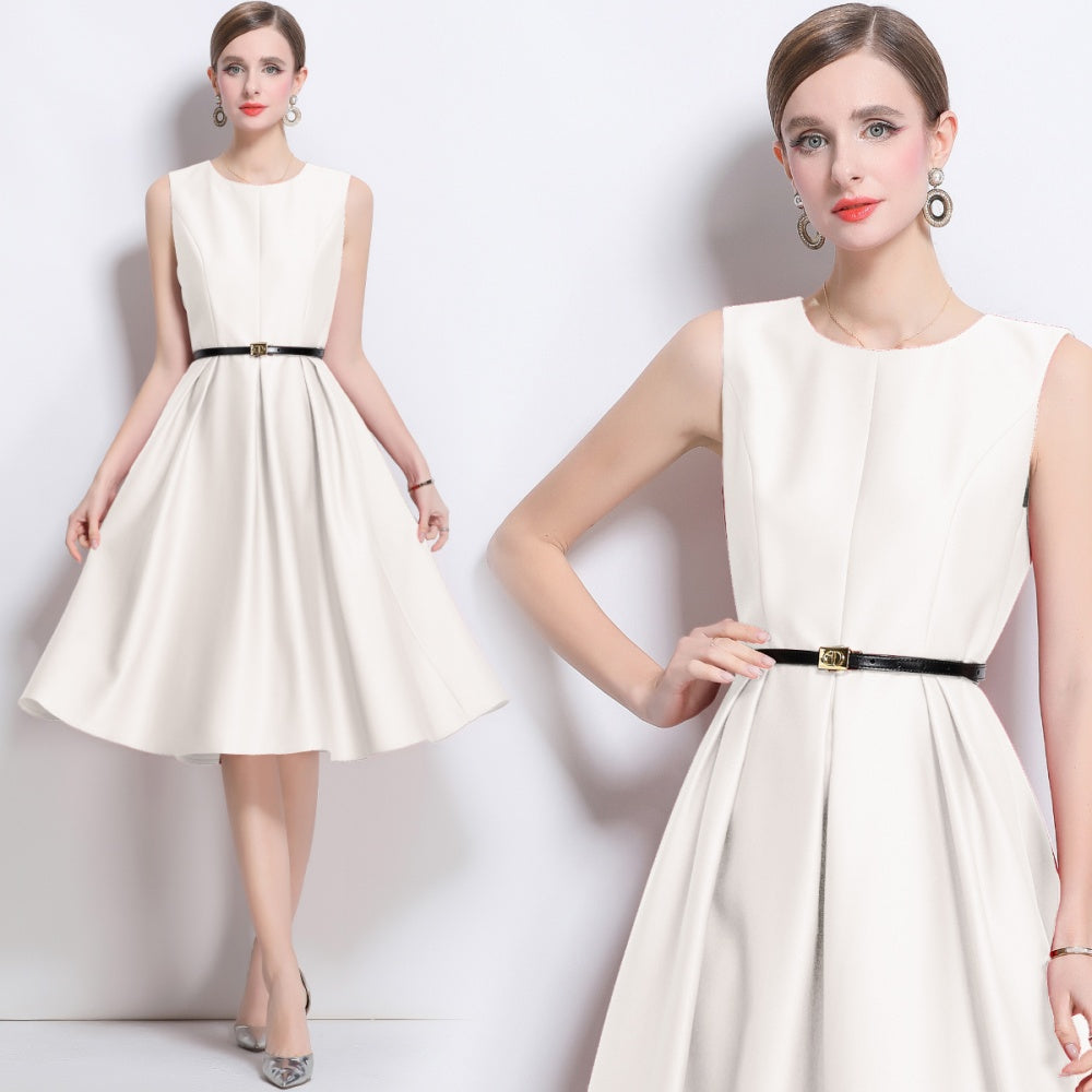 CM-DY043579 Women Elegant European Style Round Neck Sleeveless Pinched Waist A-Line Dress - Beige