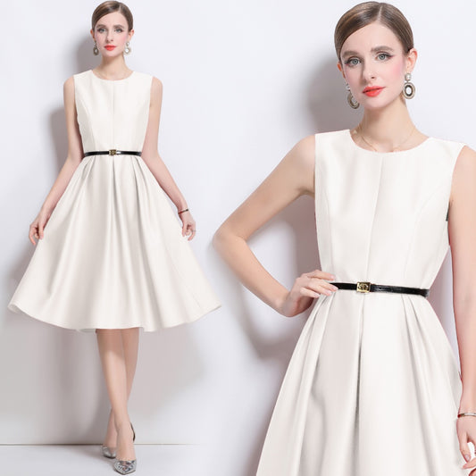 CM-DY043579 Women Elegant European Style Round Neck Sleeveless Pinched Waist A-Line Dress - Beige