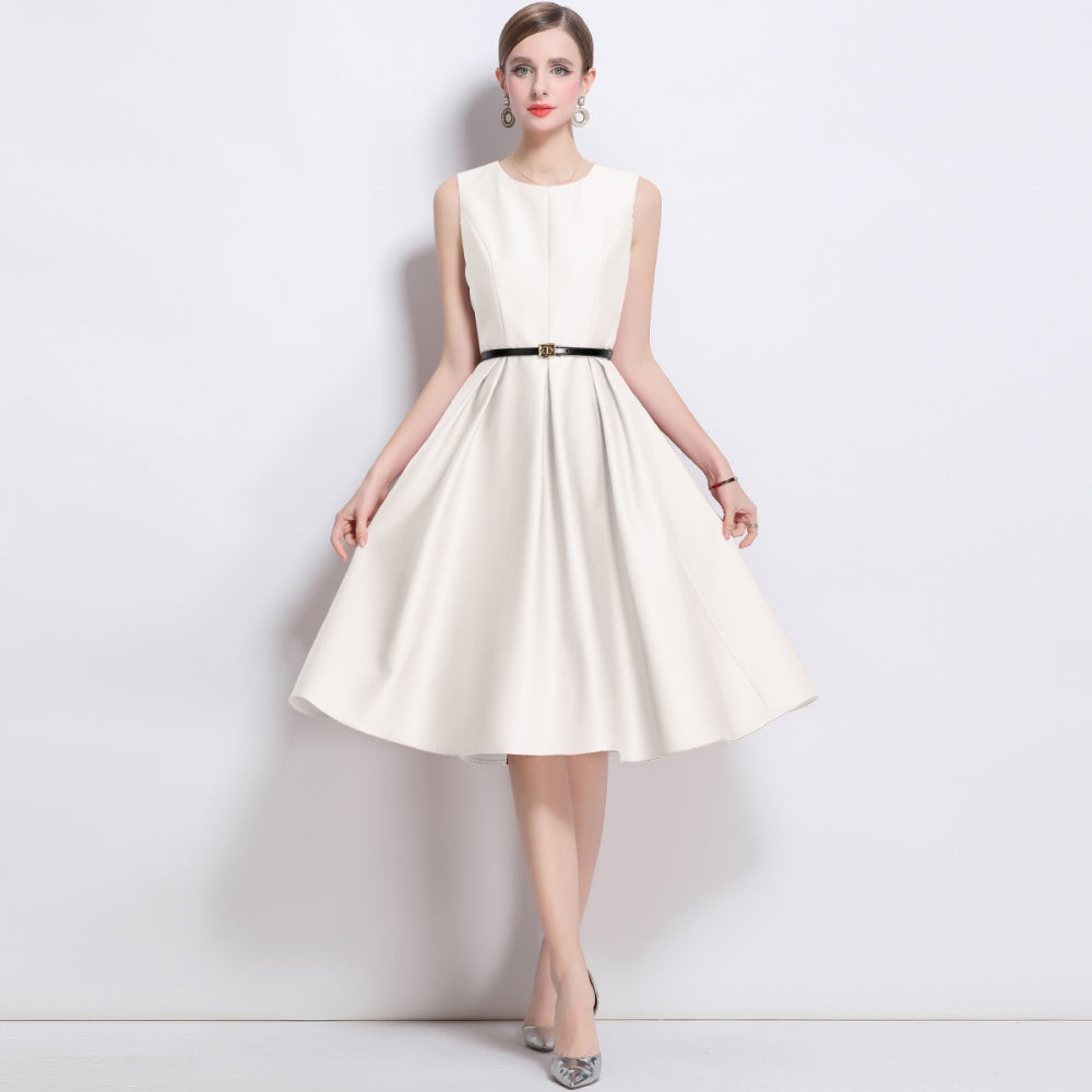 CM-DY043579 Women Elegant European Style Round Neck Sleeveless Pinched Waist A-Line Dress - Beige