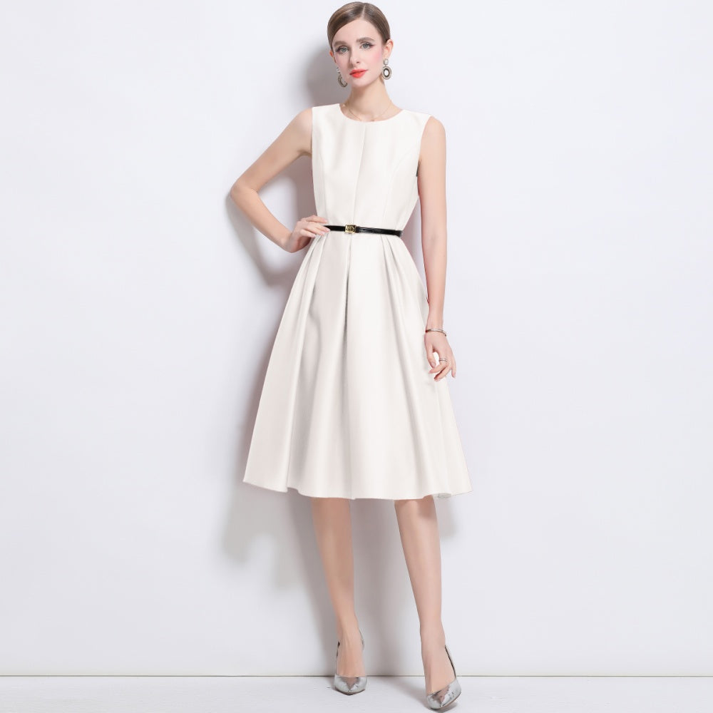 CM-DY043579 Women Elegant European Style Round Neck Sleeveless Pinched Waist A-Line Dress - Beige
