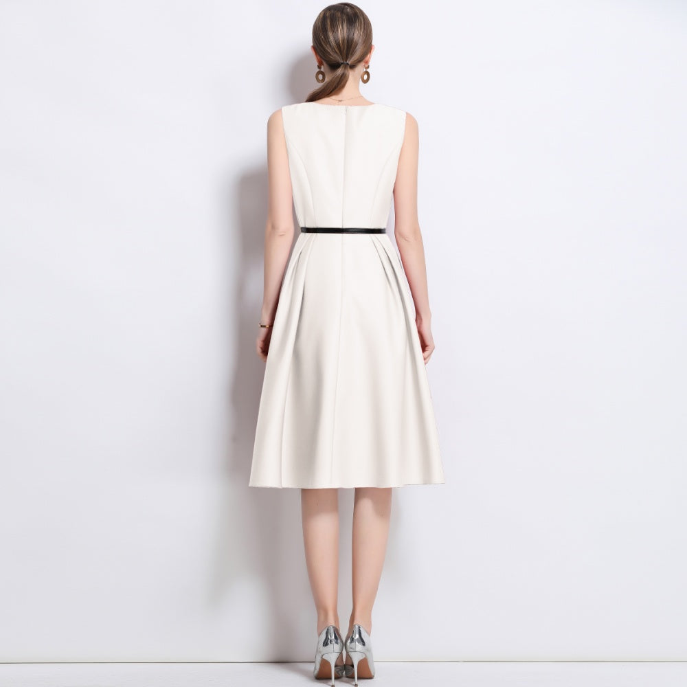 CM-DY043579 Women Elegant European Style Round Neck Sleeveless Pinched Waist A-Line Dress - Beige