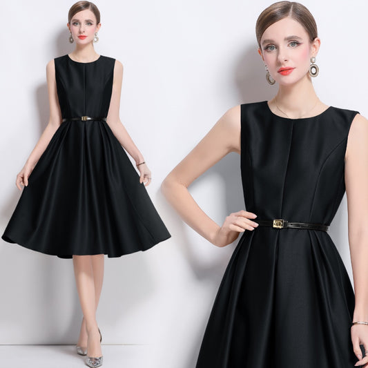CM-DY043580 Women Elegant European Style Round Neck Sleeveless Pinched Waist A-Line Dress - Black