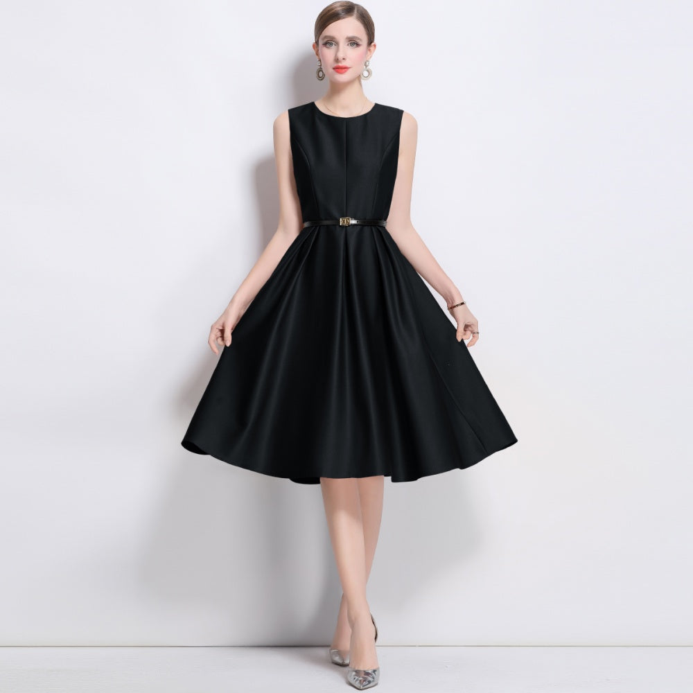 CM-DY043580 Women Elegant European Style Round Neck Sleeveless Pinched Waist A-Line Dress - Black