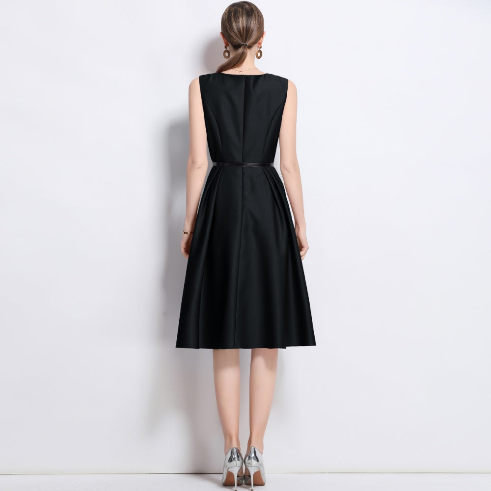 CM-DY043580 Women Elegant European Style Round Neck Sleeveless Pinched Waist A-Line Dress - Black