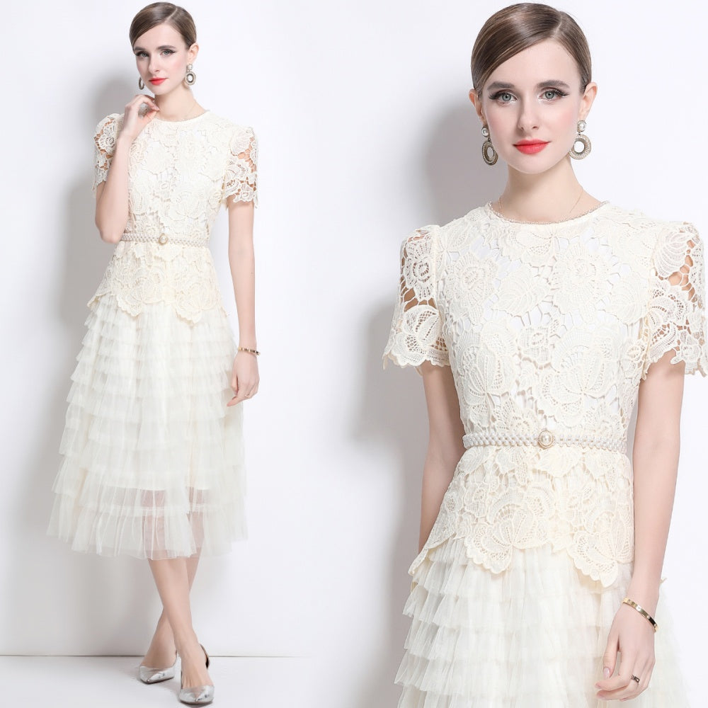 CM-DY043583 Women Elegant European Style Round Neck Short Sleeve Belted Gauze Dress - Apricot