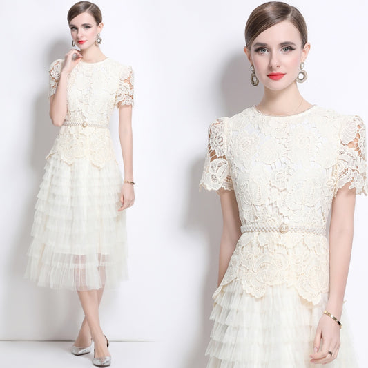 CM-DY043583 Women Elegant European Style Round Neck Short Sleeve Belted Gauze Dress - Apricot