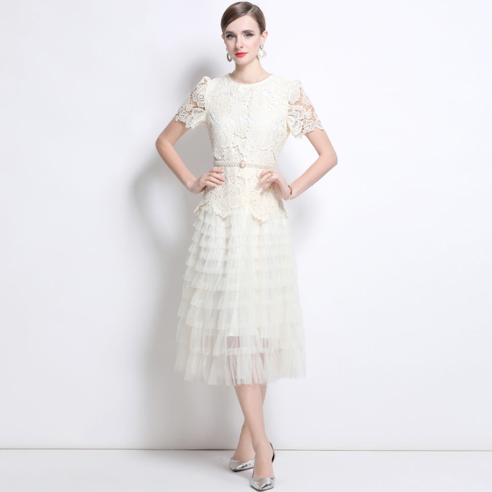 CM-DY043583 Women Elegant European Style Round Neck Short Sleeve Belted Gauze Dress - Apricot