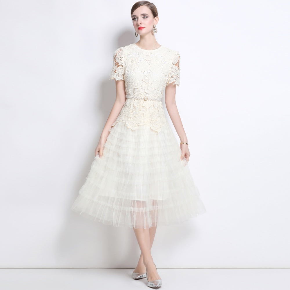 CM-DY043583 Women Elegant European Style Round Neck Short Sleeve Belted Gauze Dress - Apricot