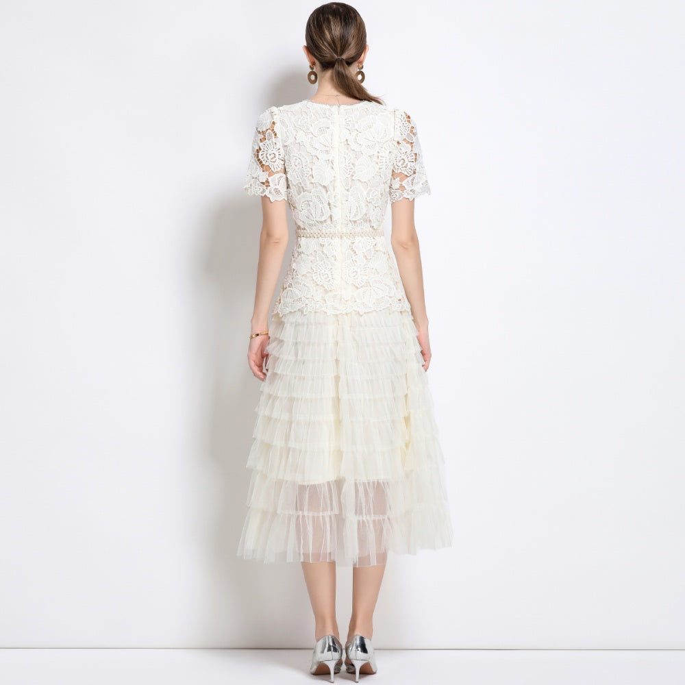 CM-DY043583 Women Elegant European Style Round Neck Short Sleeve Belted Gauze Dress - Apricot