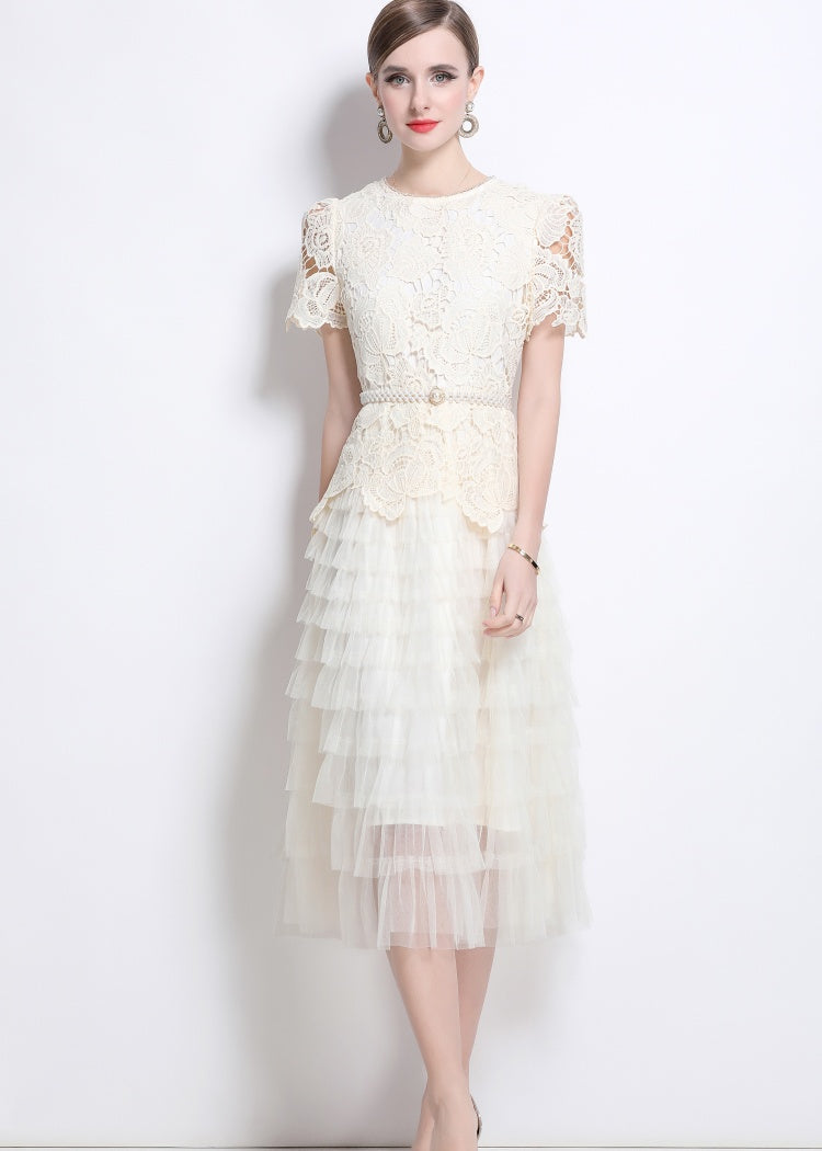 CM-DY043583 Women Elegant European Style Round Neck Short Sleeve Belted Gauze Dress - Apricot