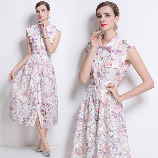 CM-DY043590 Women Elegant European Style Lapel Neckline Sleeveless Lace Maxi Dress
