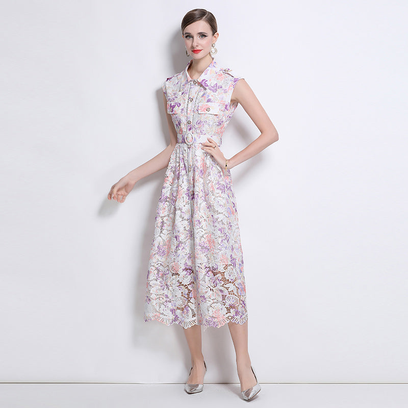 CM-DY043590 Women Elegant European Style Lapel Neckline Sleeveless Lace Maxi Dress