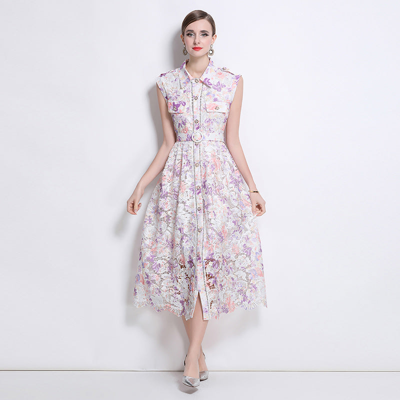 CM-DY043590 Women Elegant European Style Lapel Neckline Sleeveless Lace Maxi Dress